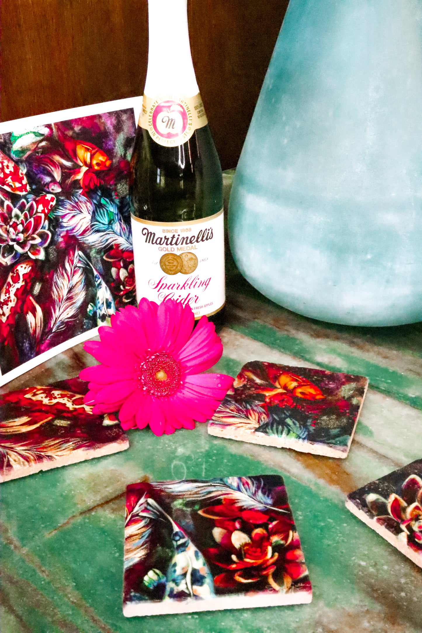 "Delightful Curiosity" Koi Marble Coaster Set