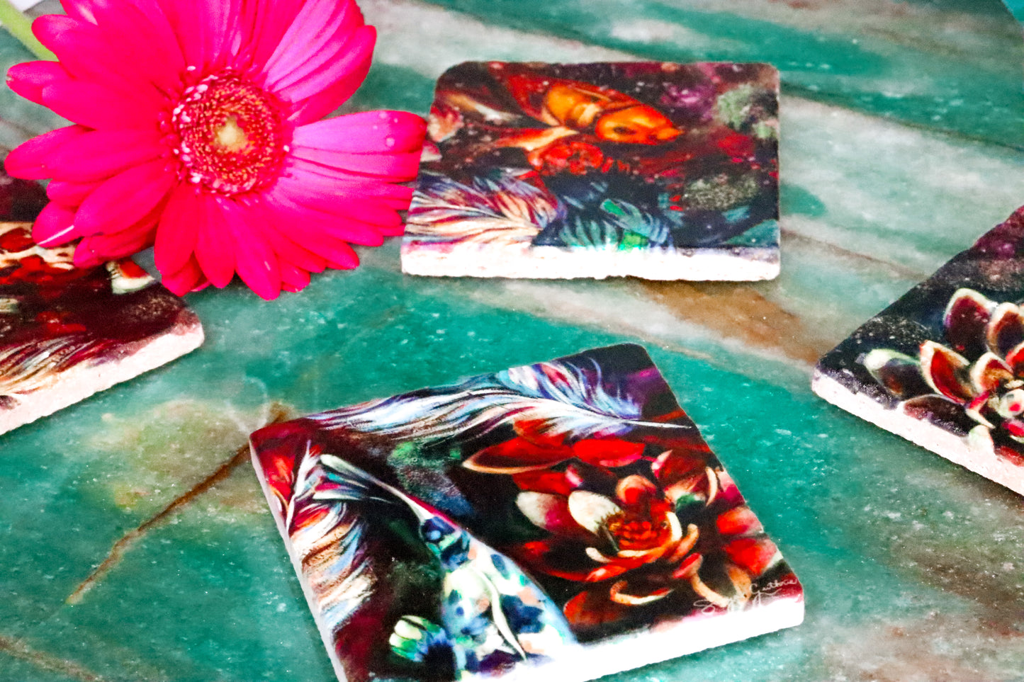 "Delightful Curiosity" Koi Marble Coaster Set